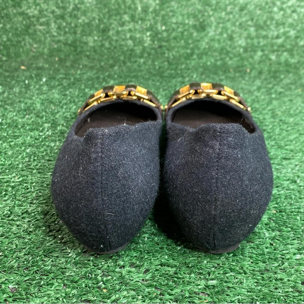 Tory Burch Black Flannel‎ “Martha” Flats Chain Link Womens Size 6 M